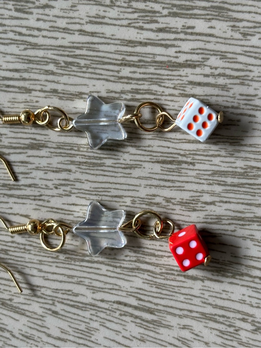 Hand Crafted Red and White Dice & Clear Star Dangle Earrings